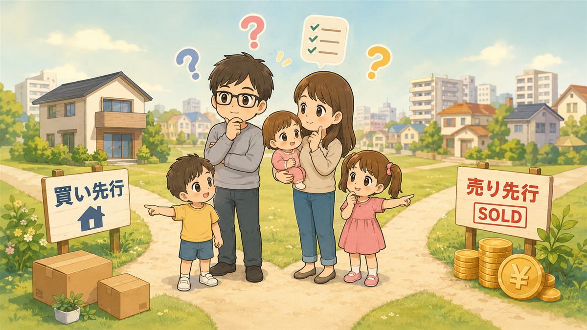 子ども3人の家族が、買い先行と売り先行の2つの看板の前で、どちらを先にするか考えているイラスト